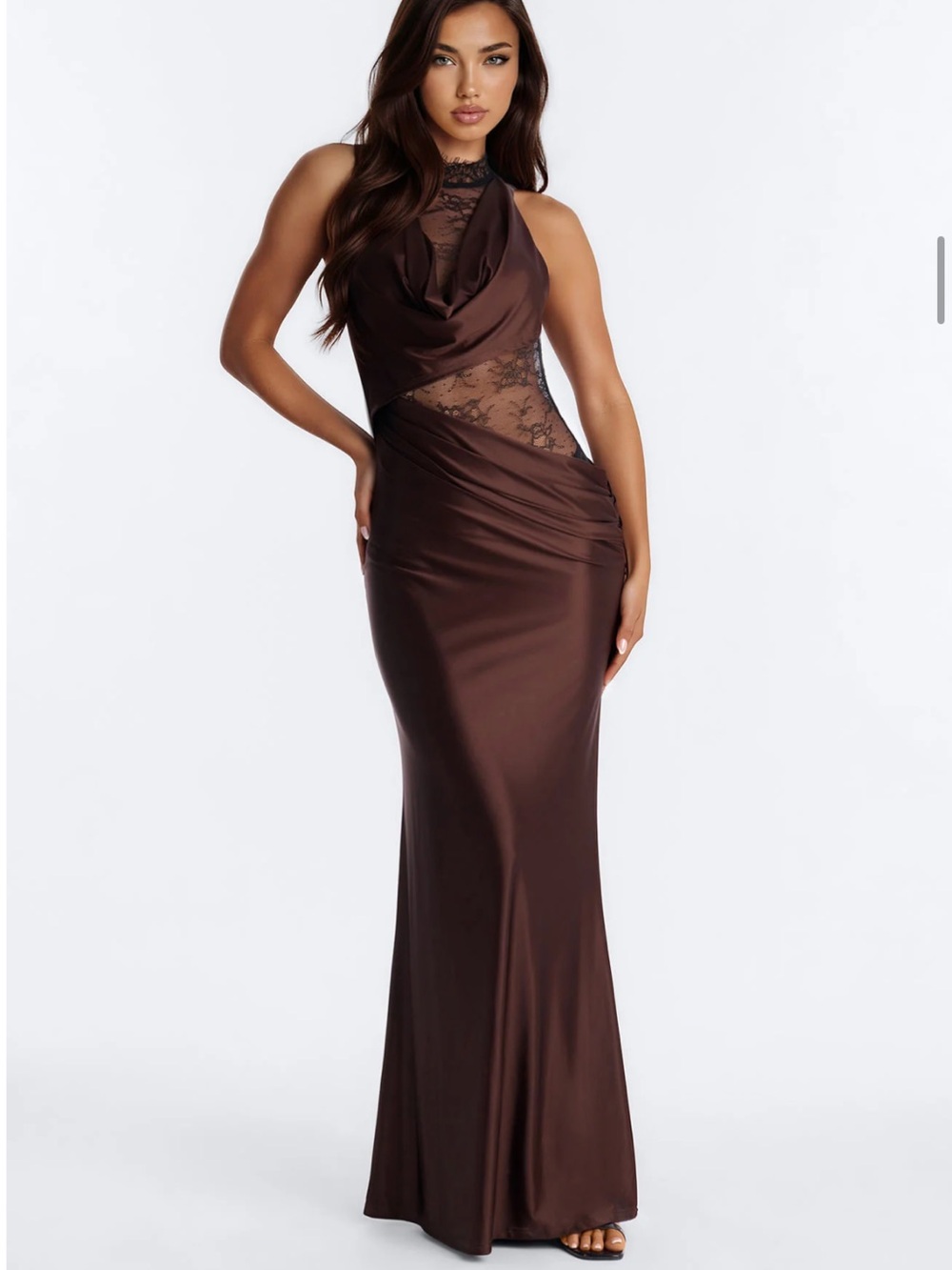 Elegant Brown Lace-Accent Halter Evening Dress